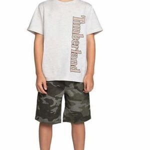 NWT Timberland White Vertical Logo Tee with Green Camo Shorts
